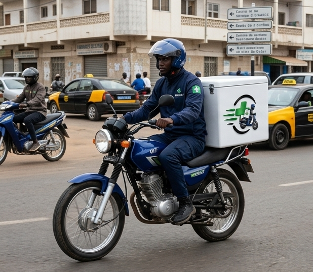 Livreur MediLiv à moto dans Dakar