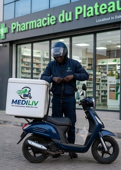 Livreur MediLiv devant la Pharmacie du Plateau